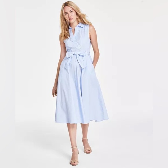Tommy Hilfiger Blue & White Stripe Sleeveless V-Neck Collar Midi Dress Sz Lg - Picture 1 of 16